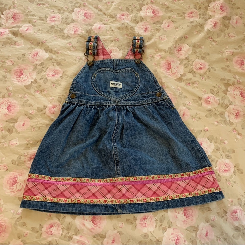 Oshkosh Denim Overall Jumper Dress Pink Plaid Size 2T